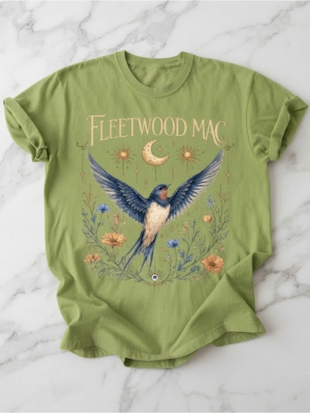 Gildan Fleetwood Mac Short Sleeve Tee in Olive Green with Blue Bird Graphic